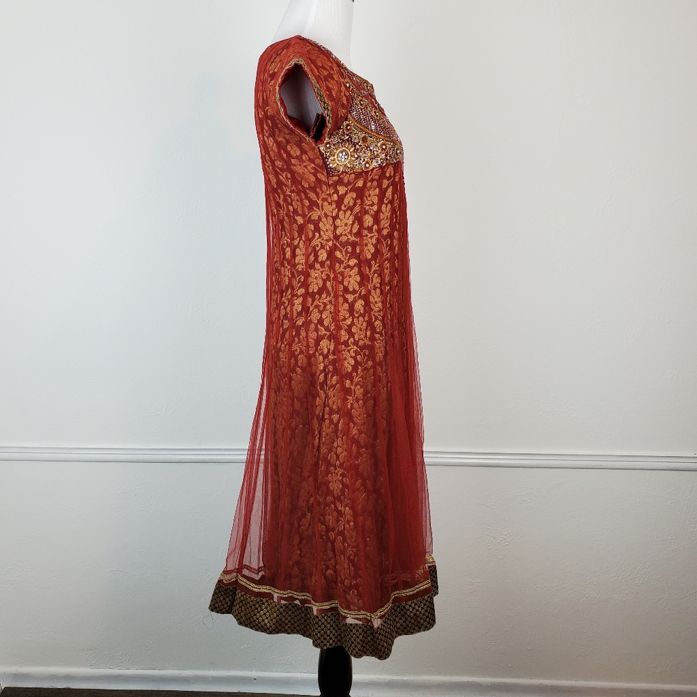 Traditional Indian Dress Pakistani Beaded Floral Embellished Metallic Burnt Red - Picture 9 of 16